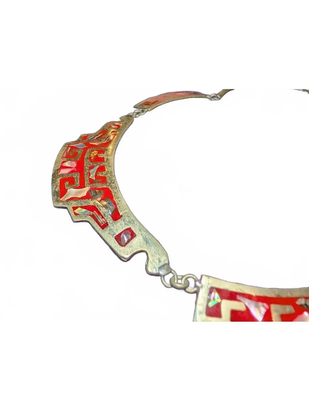 Vintage Alpaca Mexico Red Inlay Geometric Metal Necklace